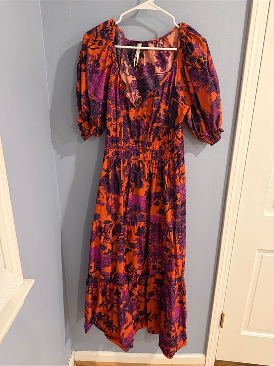 Anthropologie Dresses & Skirts - Anthropologie The Somerset Vibrant Orange & Purple Floral Puff-Sleeve Midi Dress